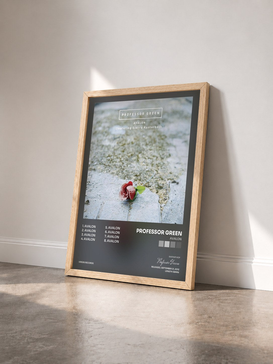#bois Tableau de l'album Avalon de Professor Green vu de trois quarts, cadre en bois brut