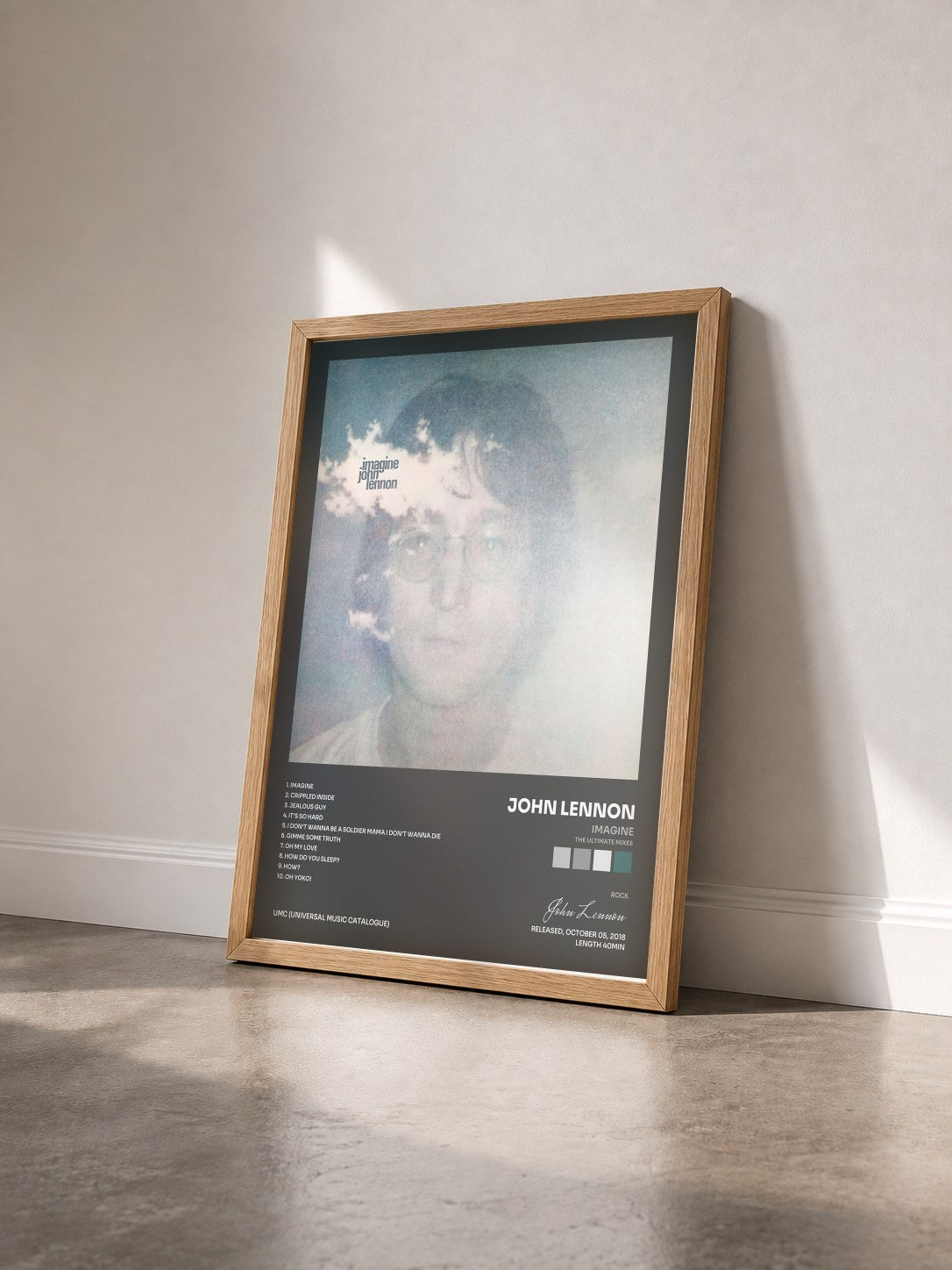 #bois Tableau de l'album Imagine (The Ultimate Mixes) de John Lennon vu de trois quarts, cadre en bois brut