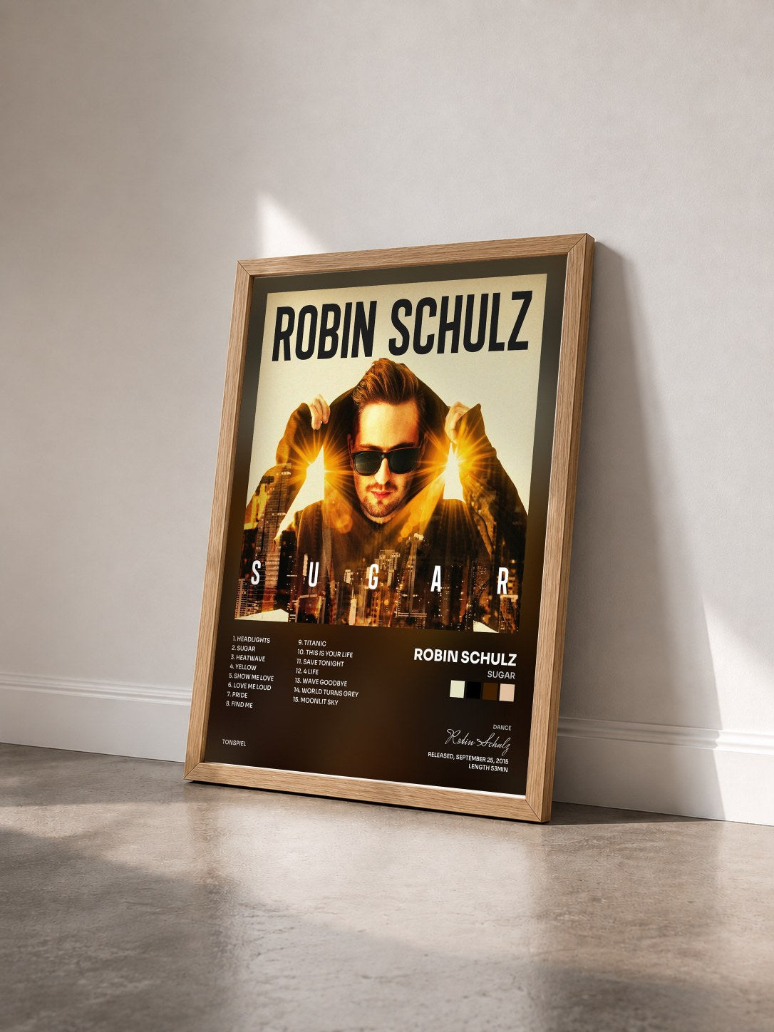 #bois Tableau de l'album Sugar de Robin Schulz vu de trois quarts, cadre en bois brut