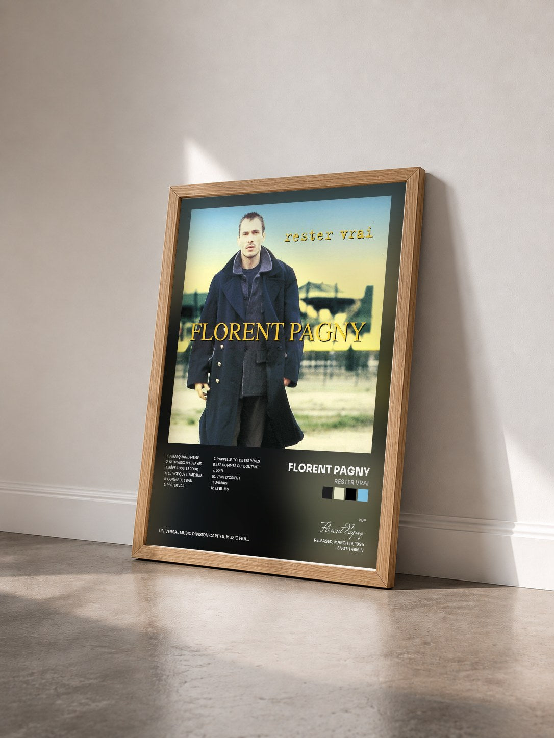 #bois Tableau de l'album Rester Vrai de Florent Pagny vu de trois quarts, cadre en bois brut