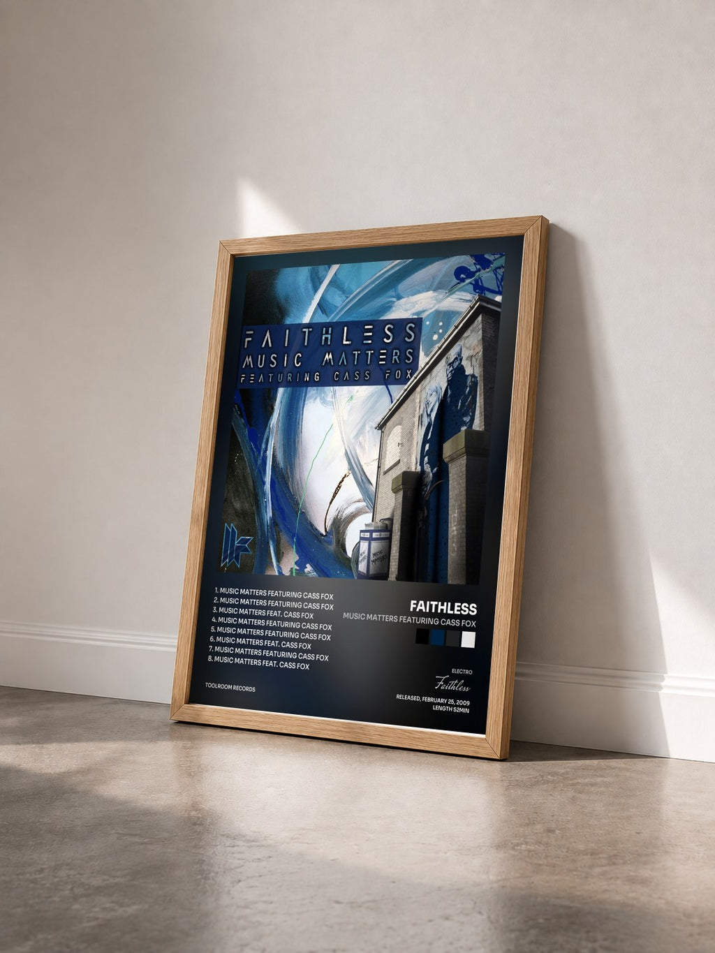 #bois Tableau de l'album Music Matters Featuring Cass Fox de Faithless vu de trois quarts, cadre en bois brut