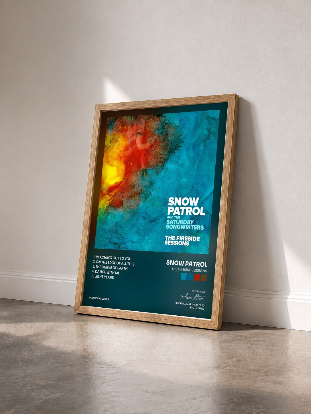 #bois Tableau de l'album The Fireside Sessions de Snow Patrol vu de trois quarts, cadre en bois brut