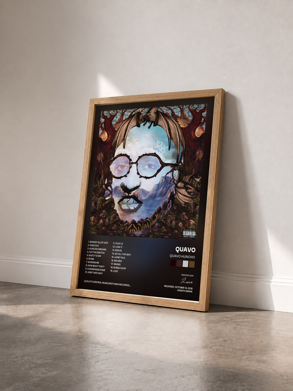 #bois Tableau de l'album QUAVO HUNCHO de Quavo vu de trois quarts, cadre en bois brut