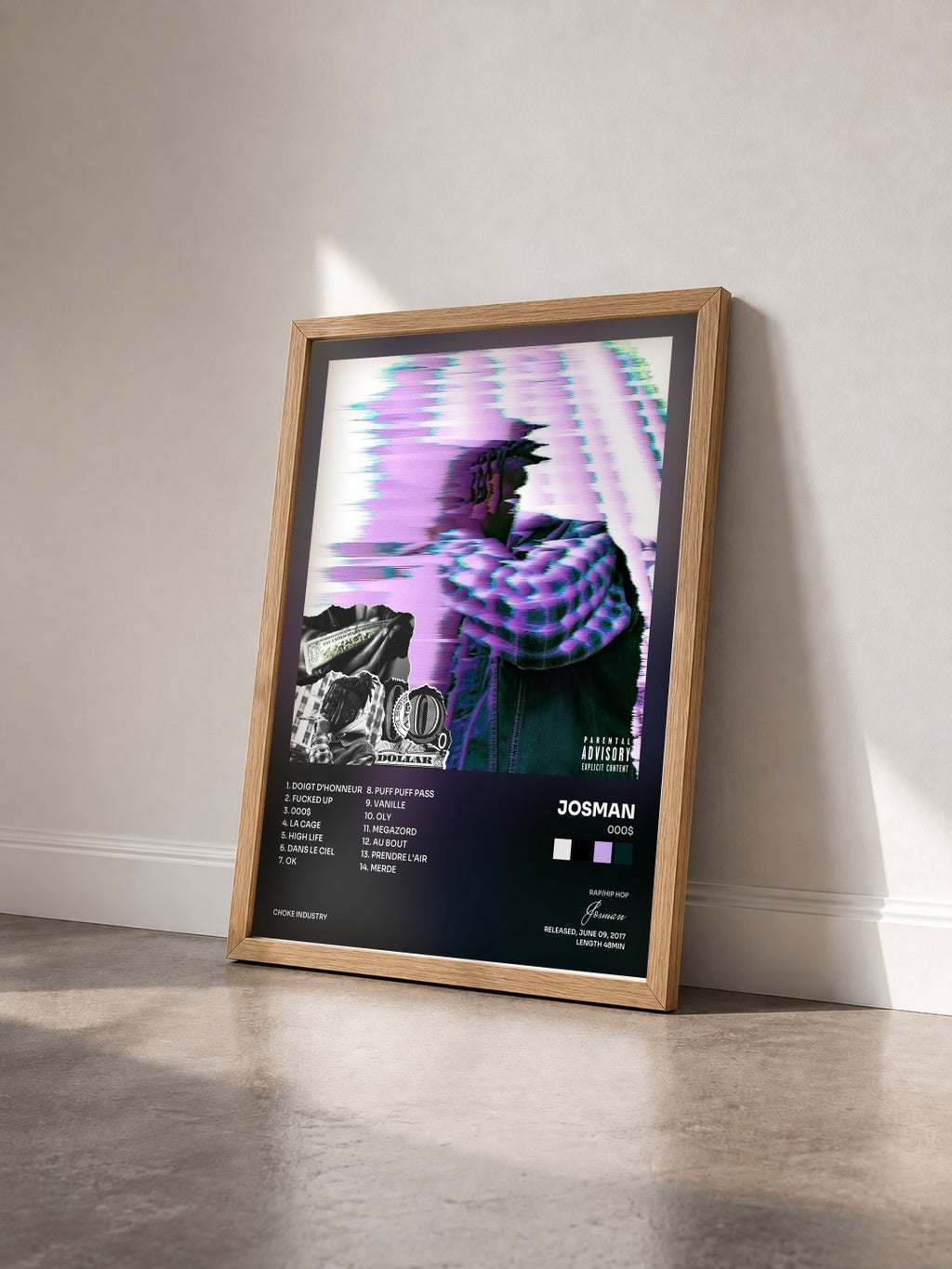 #bois Tableau de l'album 000$ de Josman vu de trois quarts, cadre en bois brut