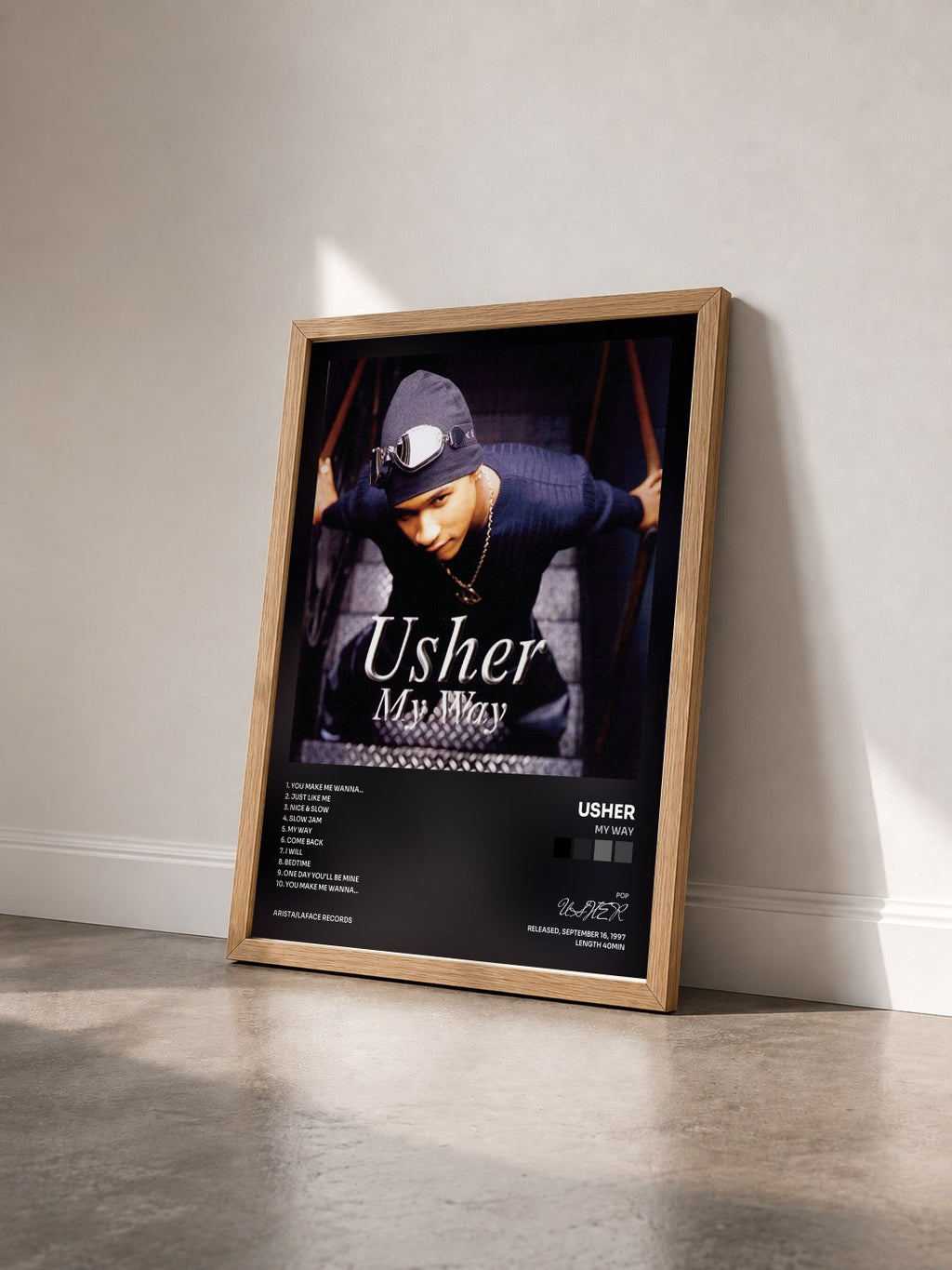 #bois Tableau de l'album My Way de USHER vu de trois quarts, cadre en bois brut
