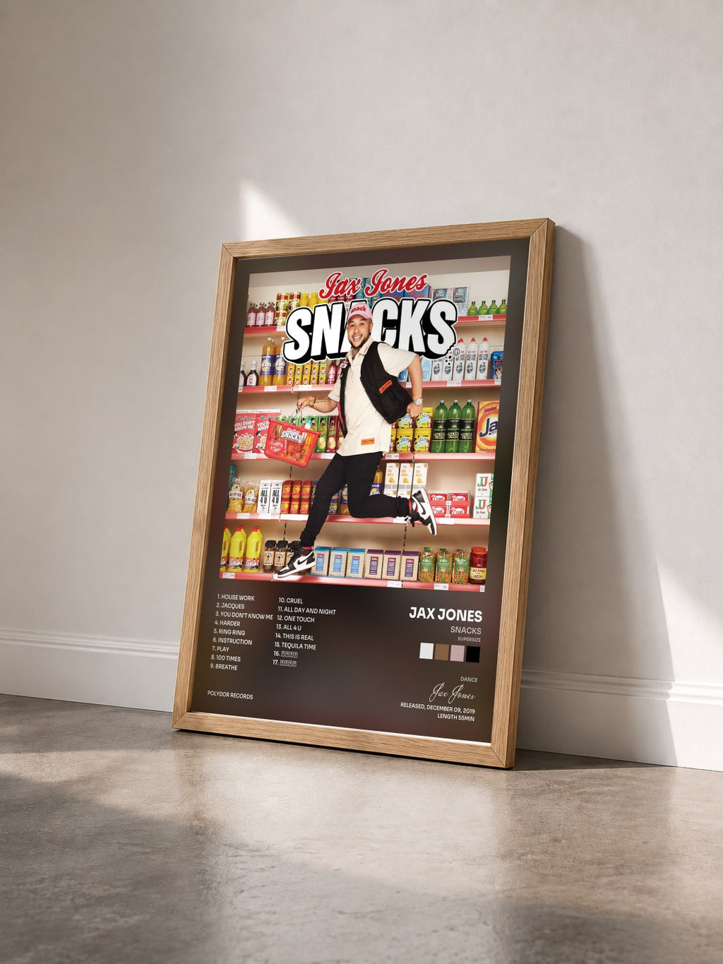 #bois Tableau de l'album Snacks (Supersize) de Jax Jones vu de trois quarts, cadre en bois brut