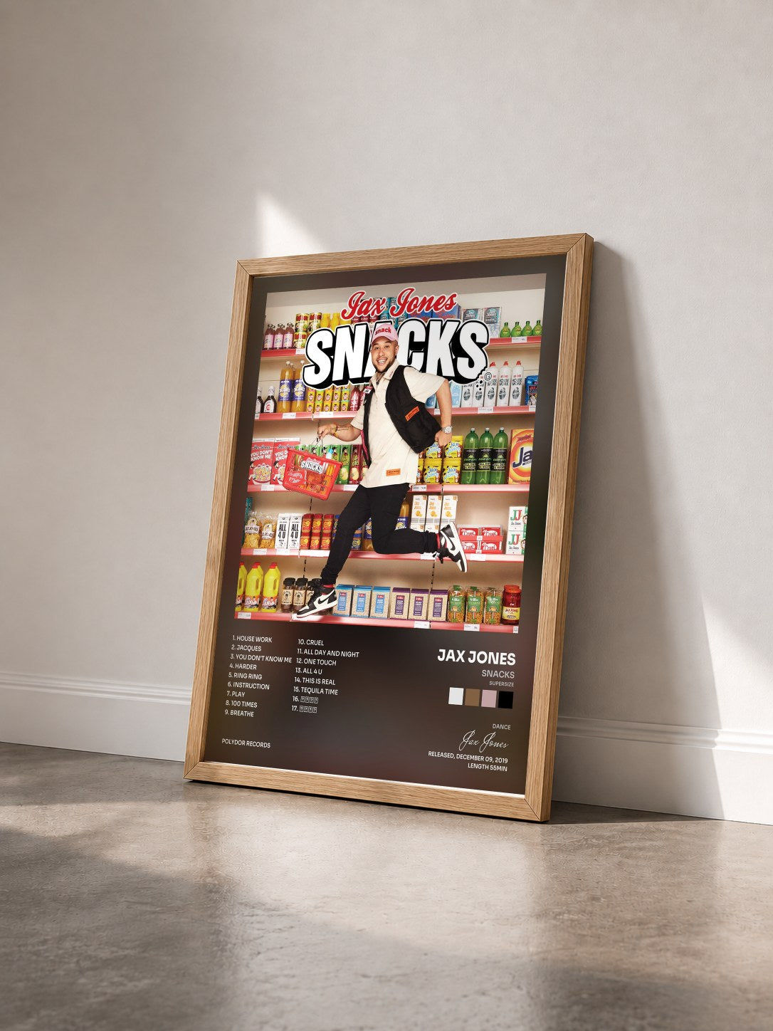 #bois Tableau de l'album Snacks (Supersize) de Jax Jones vu de trois quarts, cadre en bois brut
