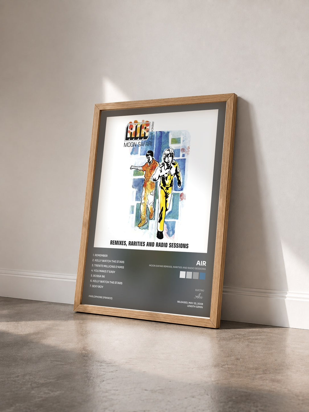 #bois Tableau de l'album Moon Safari Remixes, Rarities and Radio Sessions de Air vu de trois quarts, cadre en bois brut