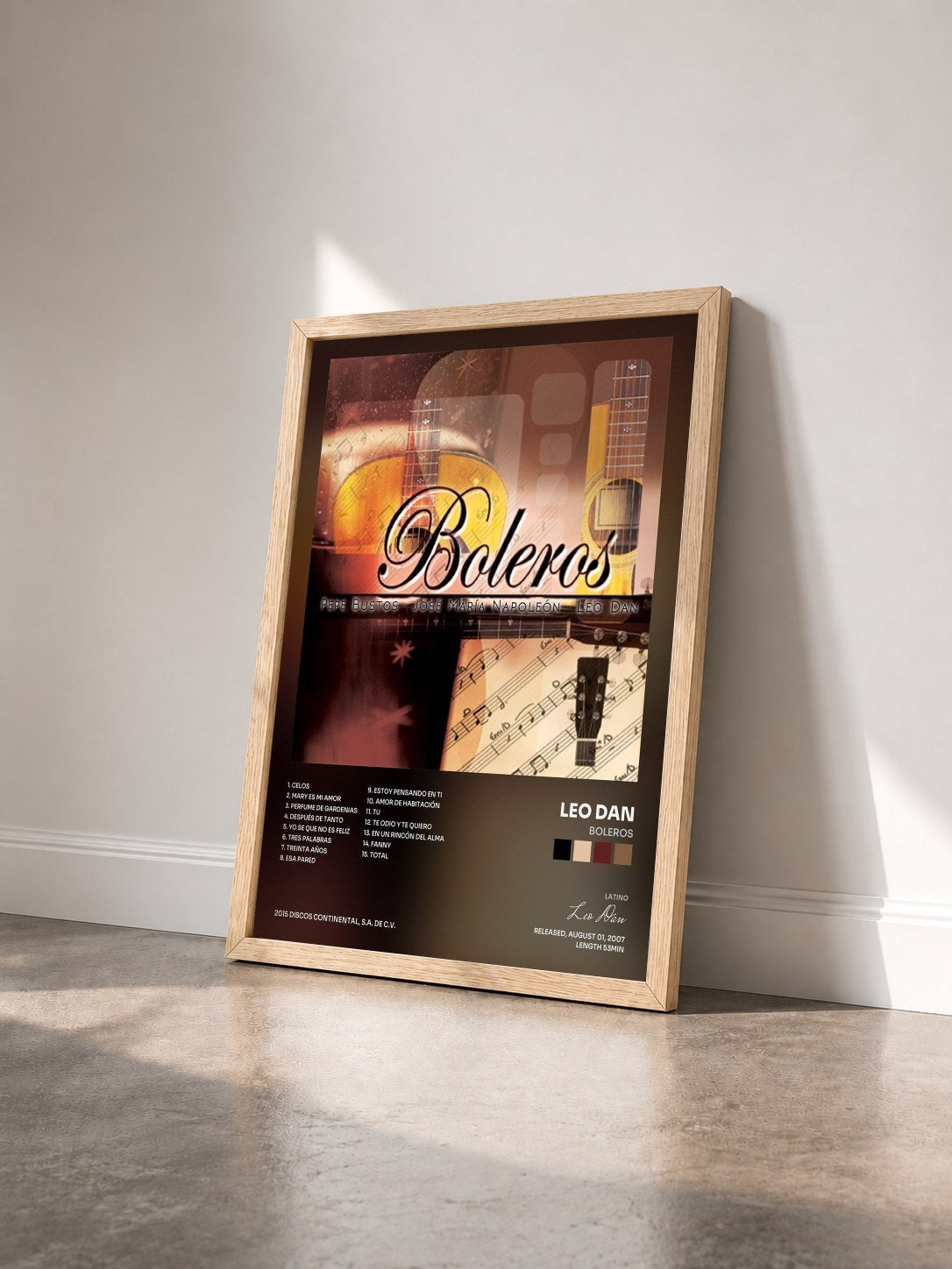 #bois Tableau de l'album Boleros de Leo Dan vu de trois quarts, cadre en bois brut