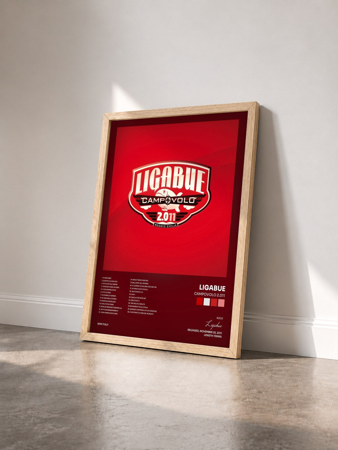 #bois Tableau de l'album Campovolo 2.011 de Ligabue vu de trois quarts, cadre en bois brut