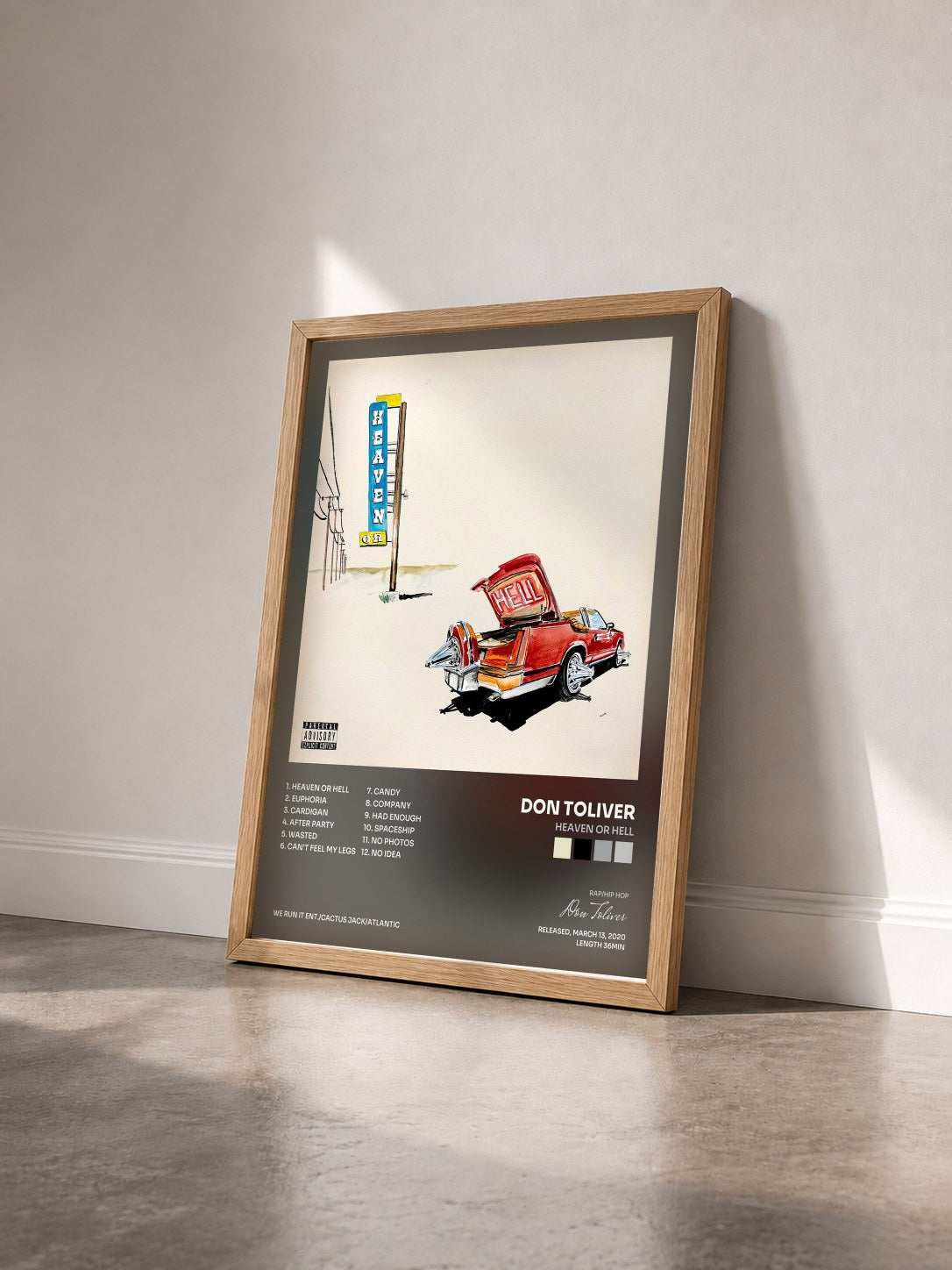 #bois Tableau de l'album Heaven Or Hell de Don Toliver vu de trois quarts, cadre en bois brut