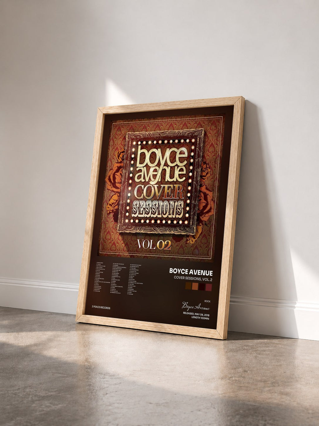 #bois Tableau de l'album Cover Sessions, Vol. 2 de Boyce Avenue vu de trois quarts, cadre en bois brut