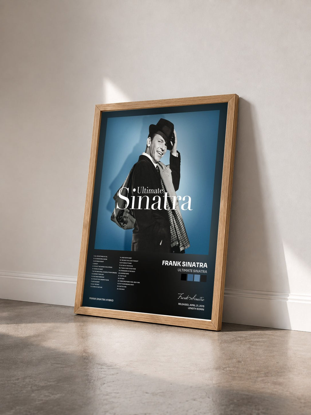 #bois Tableau de l'album Ultimate Sinatra de Frank Sinatra vu de trois quarts, cadre en bois brut