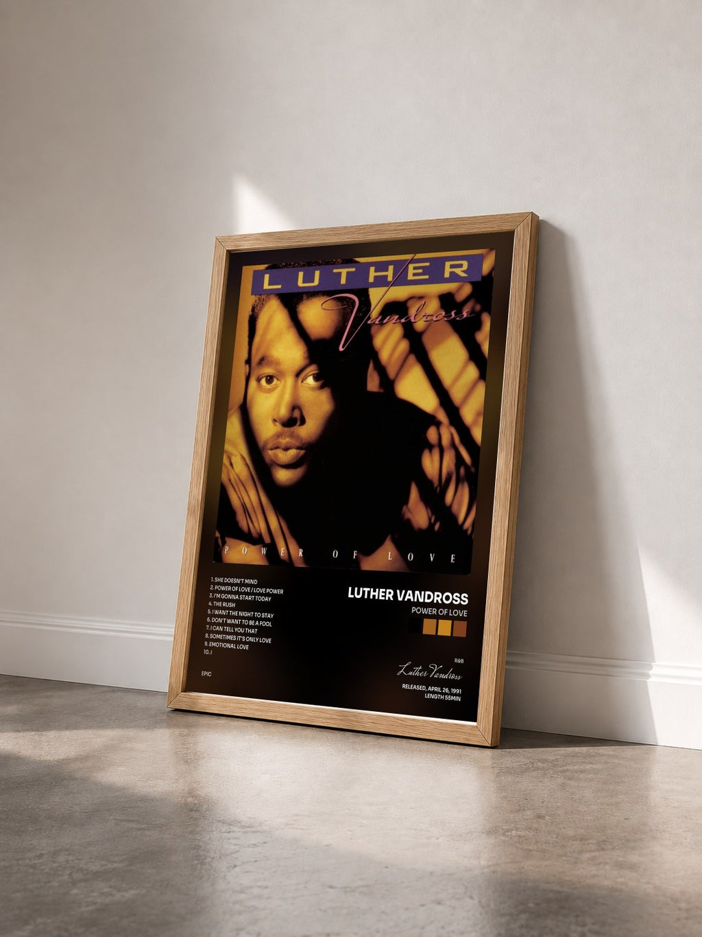 #bois Tableau de l'album Power Of Love de Luther Vandross vu de trois quarts, cadre en bois brut