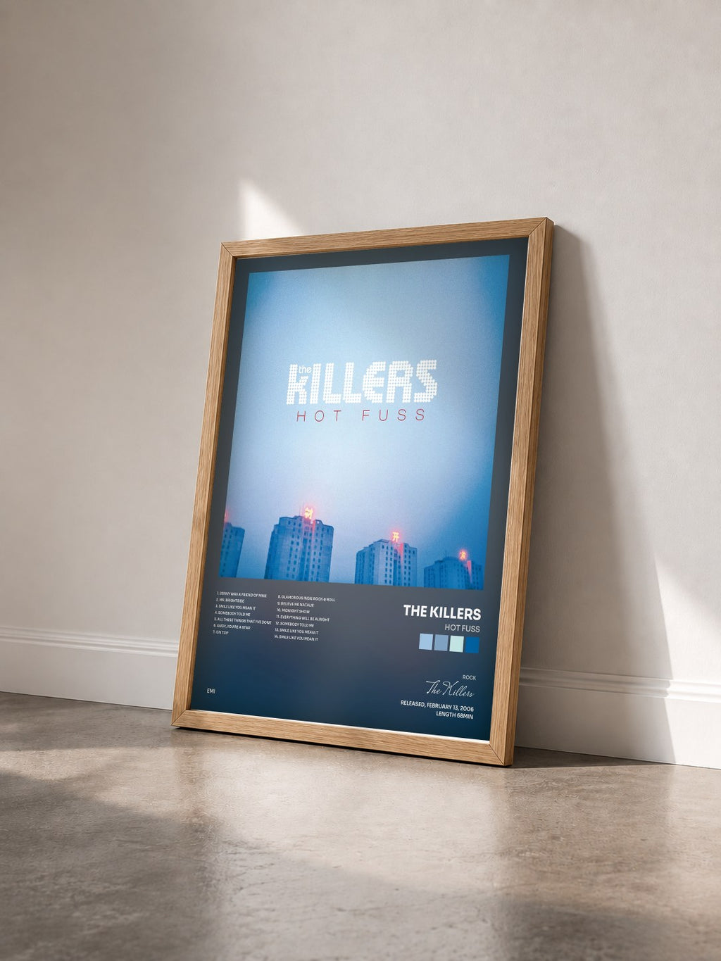 #bois Tableau de l'album Hot Fuss de The Killers vu de trois quarts, cadre en bois brut