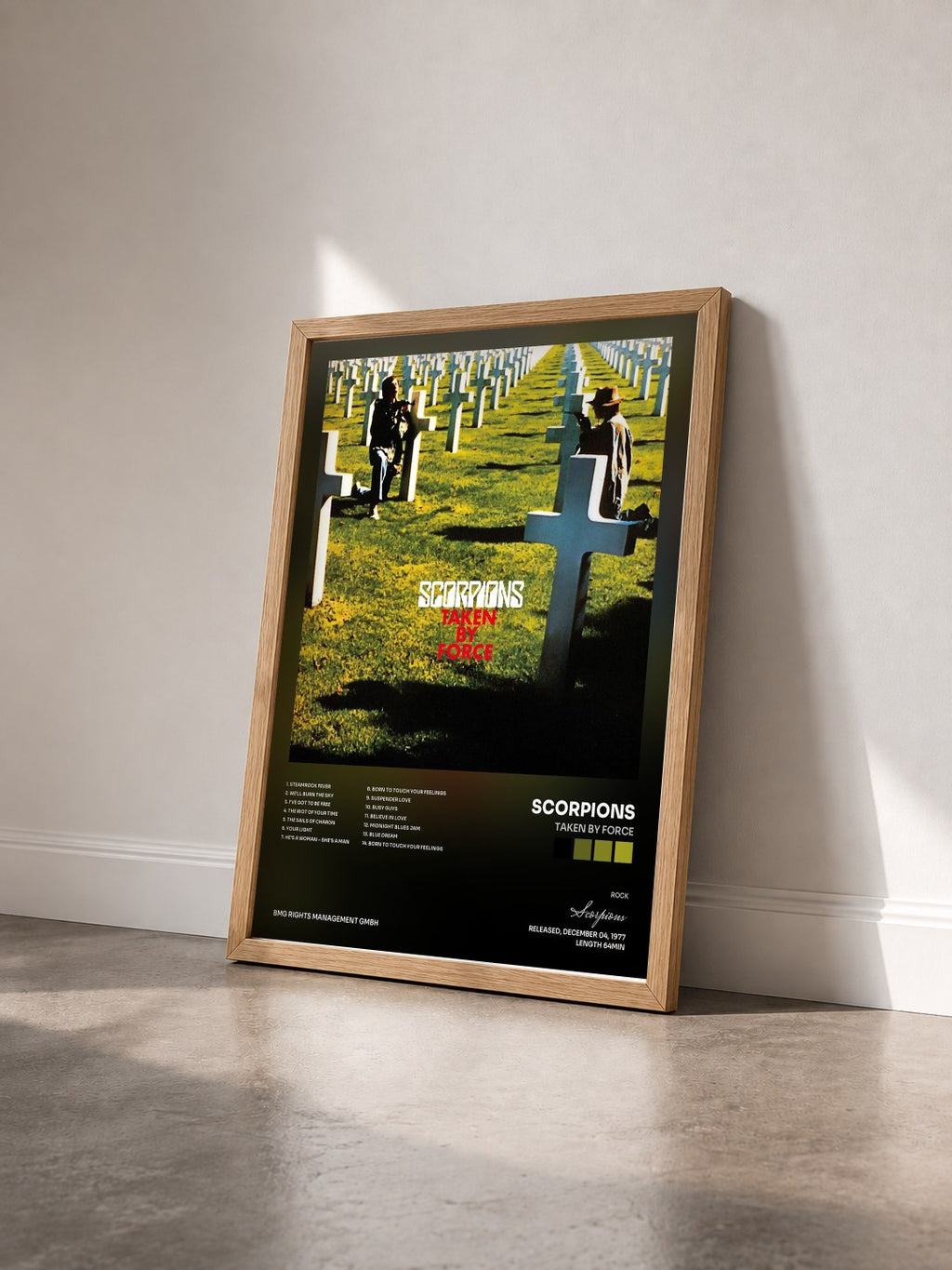 #bois Tableau de l'album Taken by Force de Scorpions vu de trois quarts, cadre en bois brut