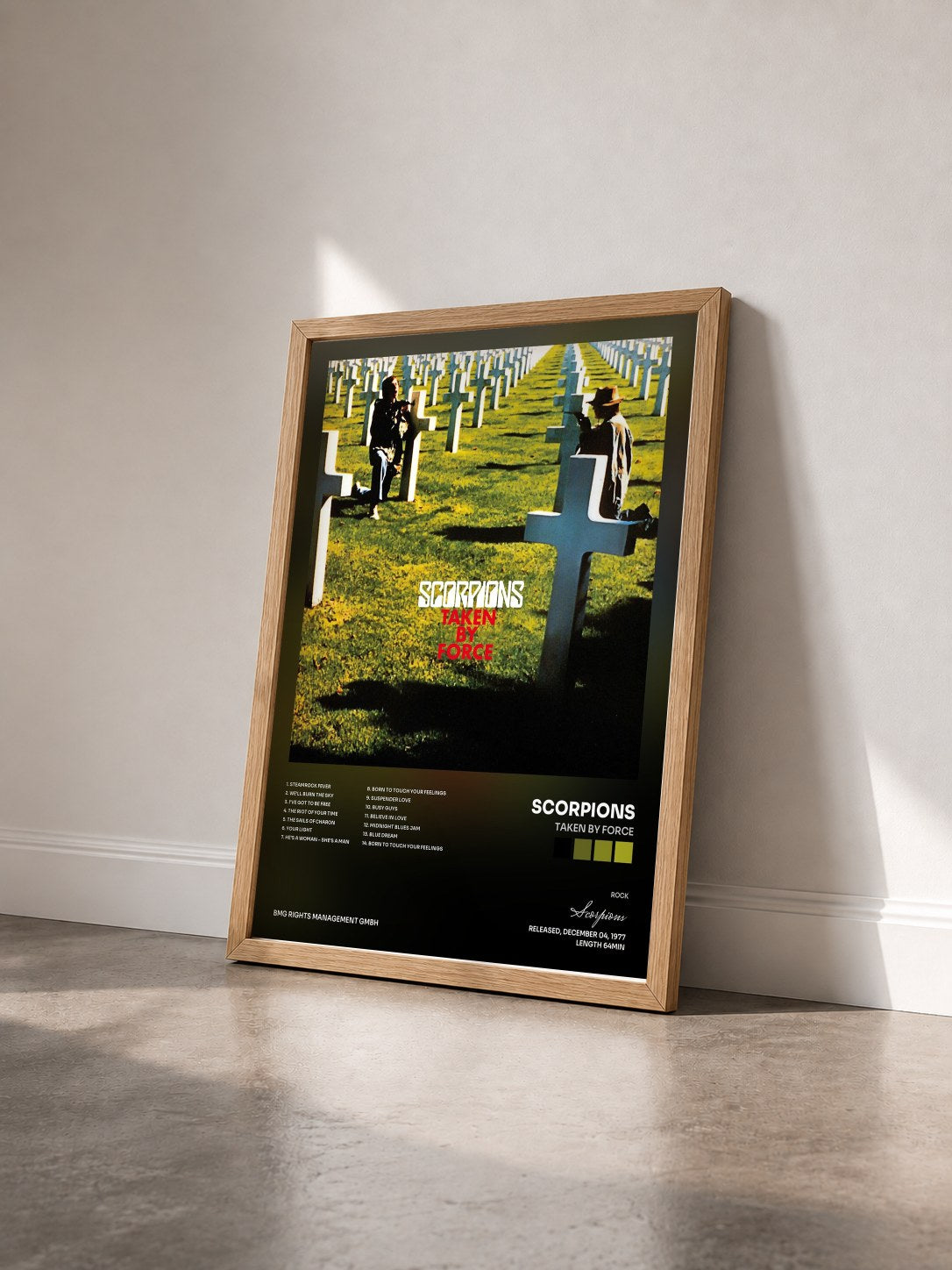 #bois Tableau de l'album Taken by Force de Scorpions vu de trois quarts, cadre en bois brut