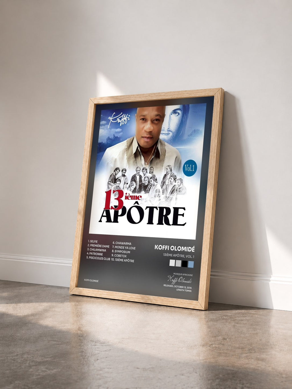 #bois Tableau de l'album 13ième apôtre, Vol. 1 de Koffi Olomidé vu de trois quarts, cadre en bois brut