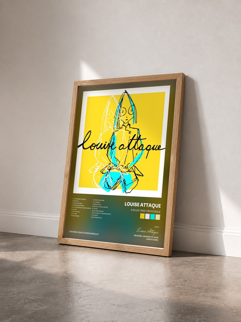 #bois Tableau de l'album A Plus Tard Crocodile de Louise Attaque vu de trois quarts, cadre en bois brut