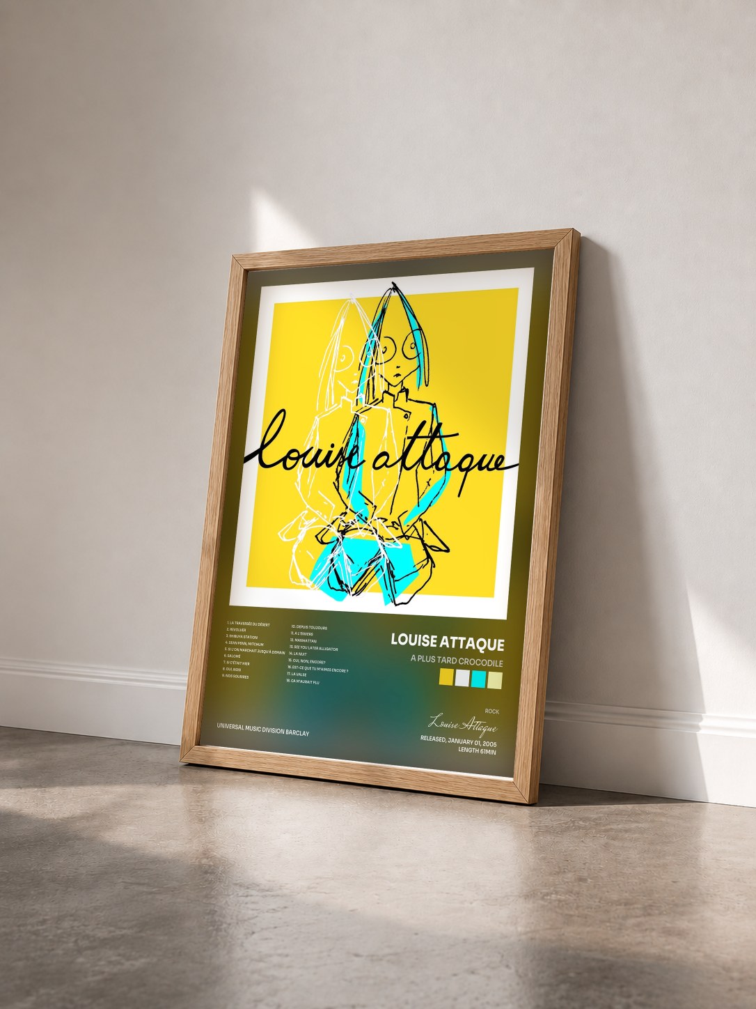 #bois Tableau de l'album A Plus Tard Crocodile de Louise Attaque vu de trois quarts, cadre en bois brut