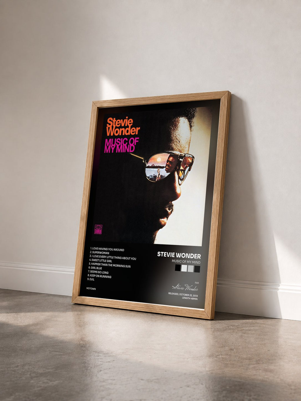 #bois Tableau de l'album Music Of My Mind de Stevie Wonder vu de trois quarts, cadre en bois brut