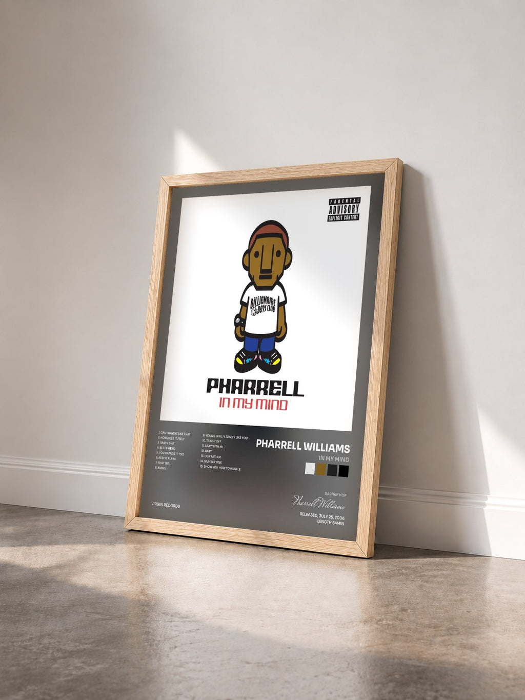 #bois Tableau de l'album In My Mind de Pharrell Williams vu de trois quarts, cadre en bois brut