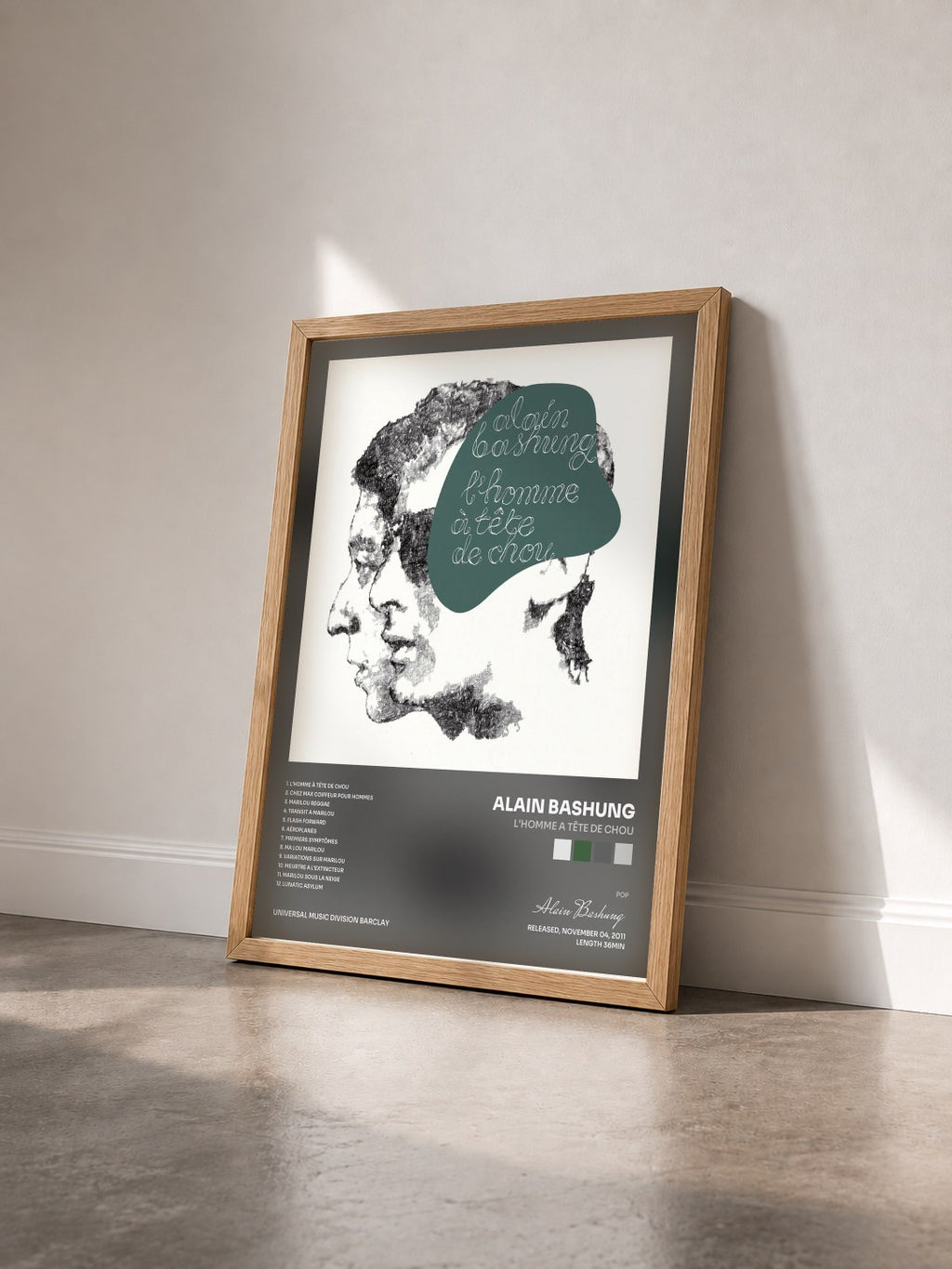 #bois Tableau de l'album L'Homme A Tête De Chou de Alain Bashung vu de trois quarts, cadre en bois brut