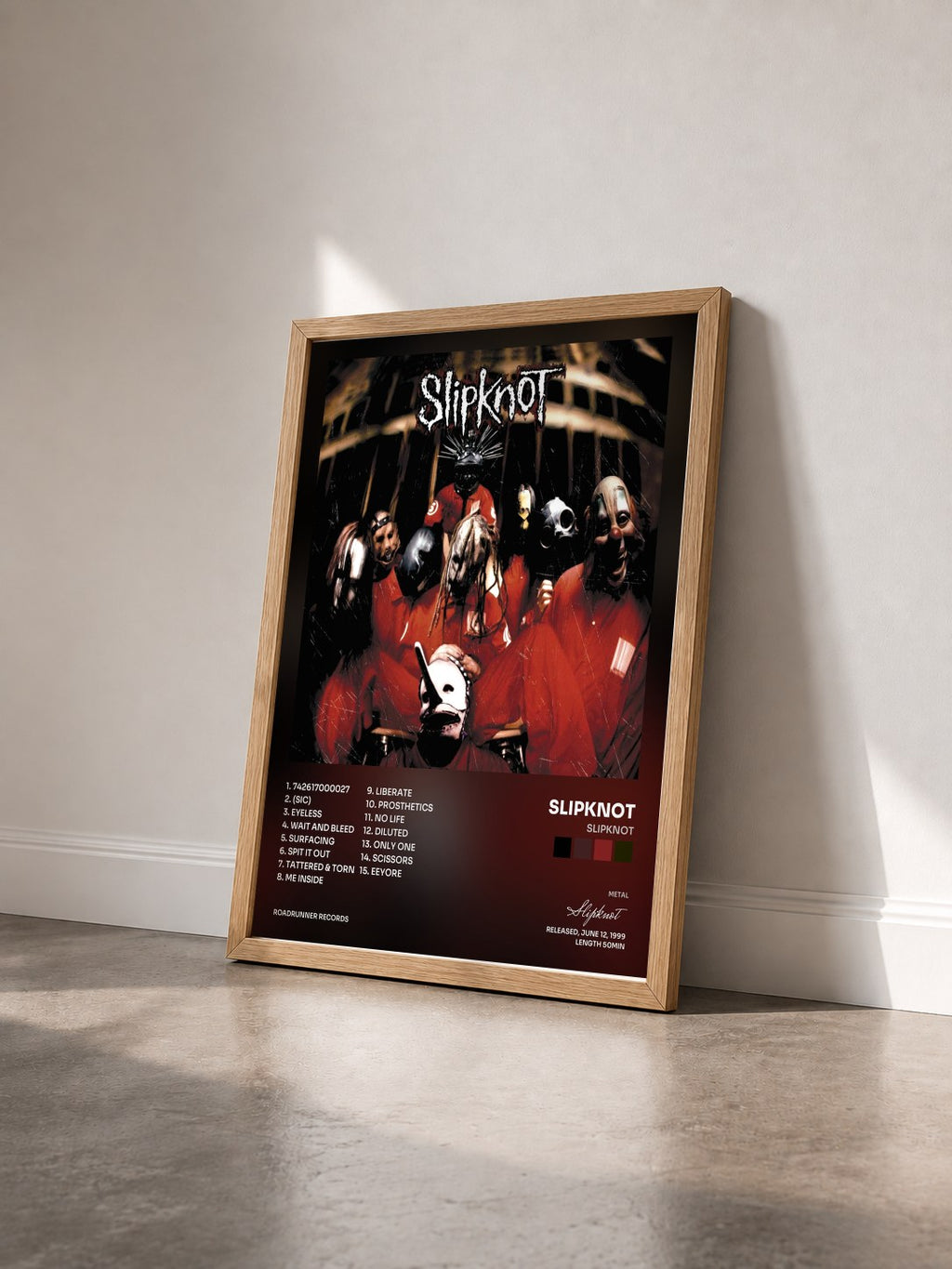 #bois Tableau de l'album Slipknot de Slipknot vu de trois quarts, cadre en bois brut