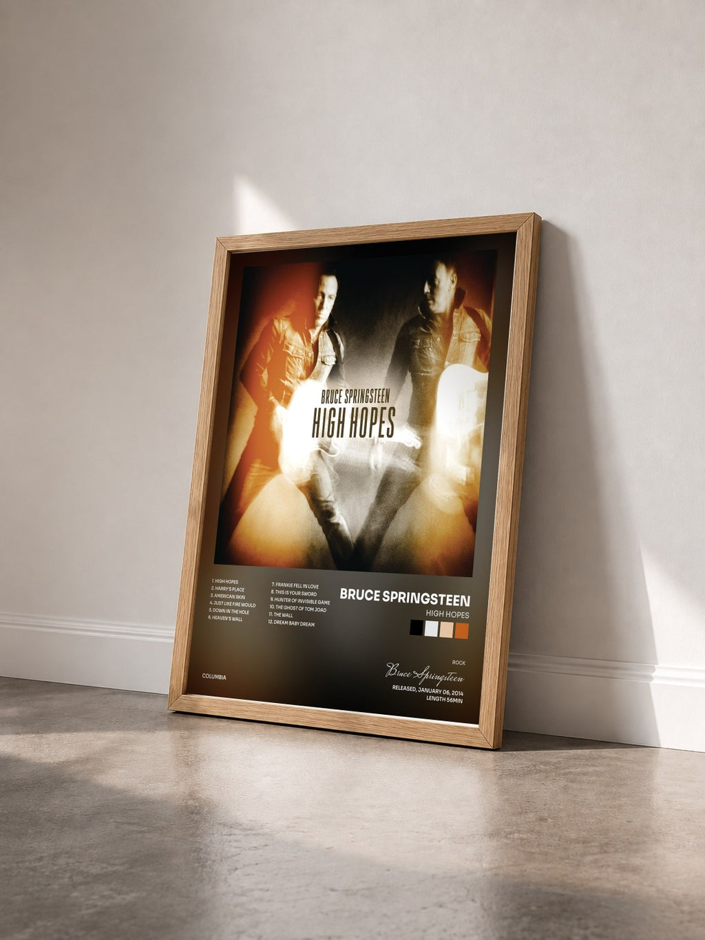 #bois Tableau de l'album High Hopes de Bruce Springsteen vu de trois quarts, cadre en bois brut