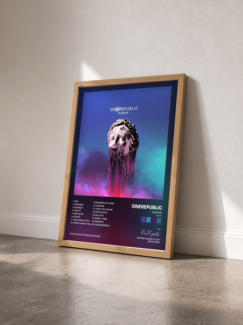 #bois Tableau de l'album Human (Deluxe) de OneRepublic vu de trois quarts, cadre en bois brut