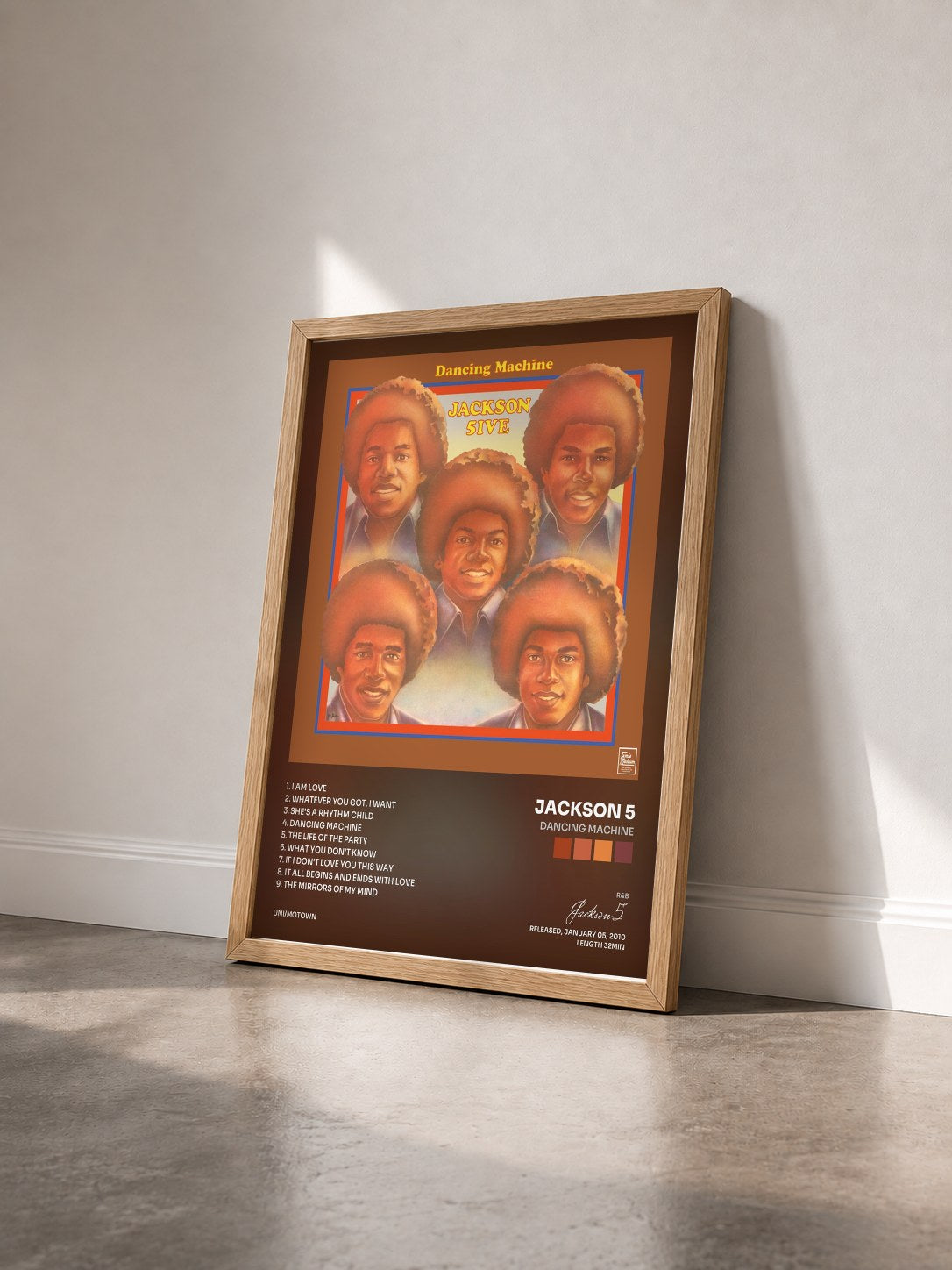 #bois Tableau de l'album Dancing Machine de Jackson 5 vu de trois quarts, cadre en bois brut