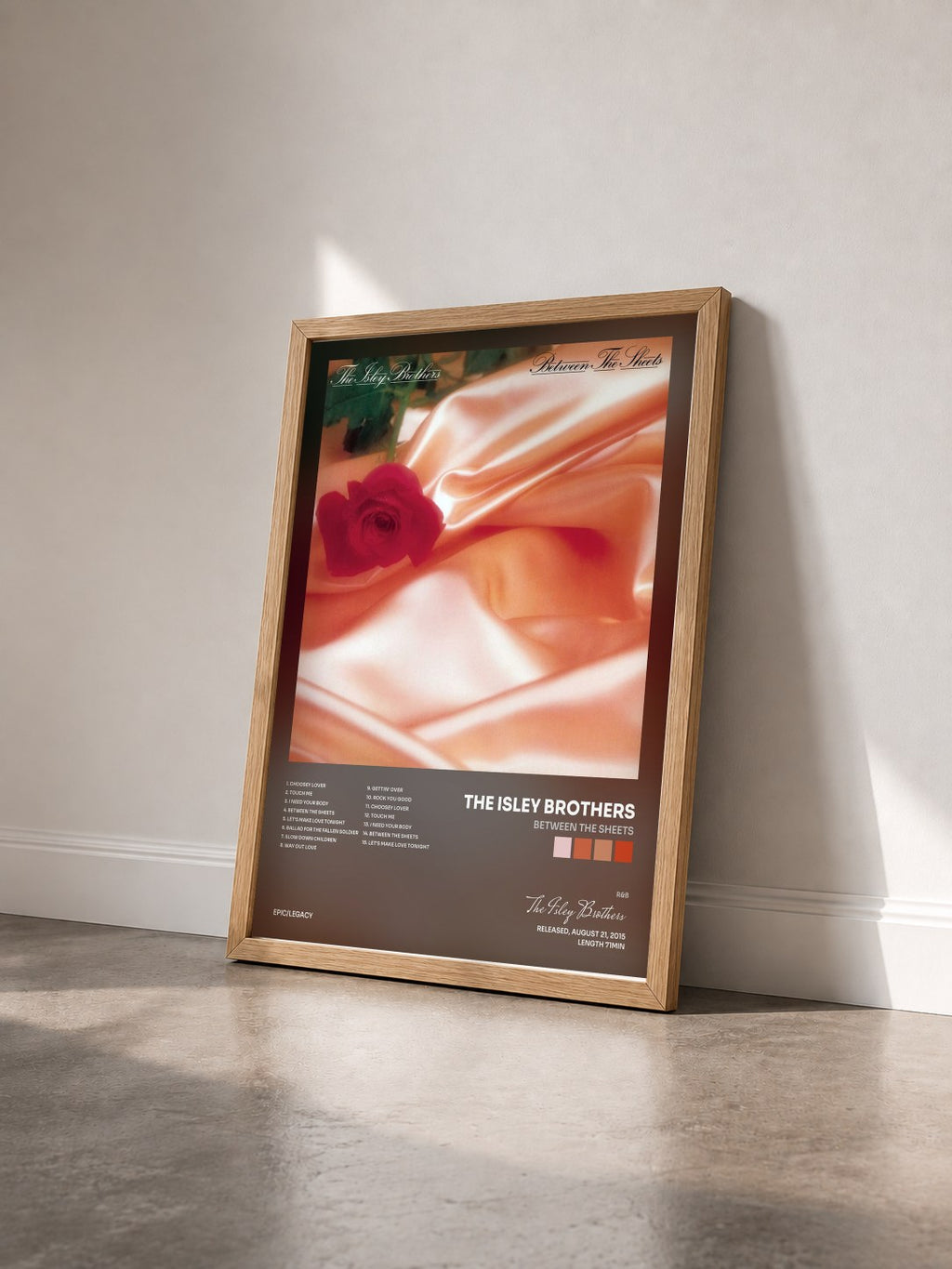 #bois Tableau de l'album Between the Sheets de The Isley Brothers vu de trois quarts, cadre en bois brut