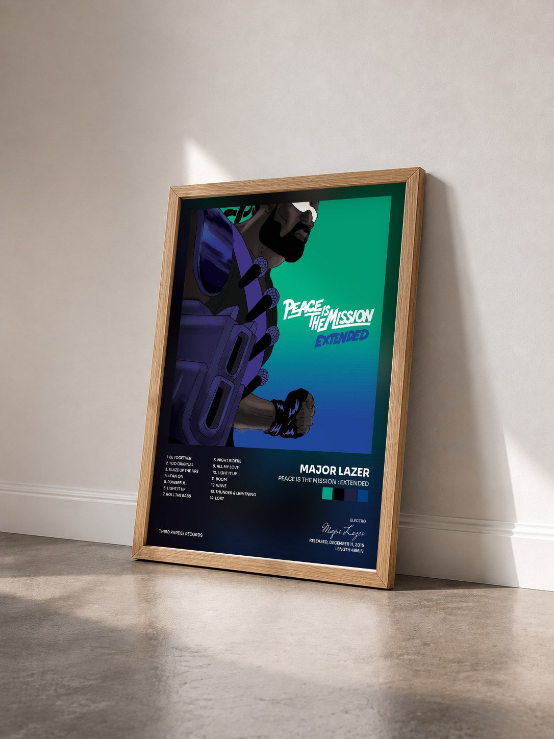 #bois Tableau de l'album Peace Is The Mission : Extended de Major Lazer vu de trois quarts, cadre en bois brut