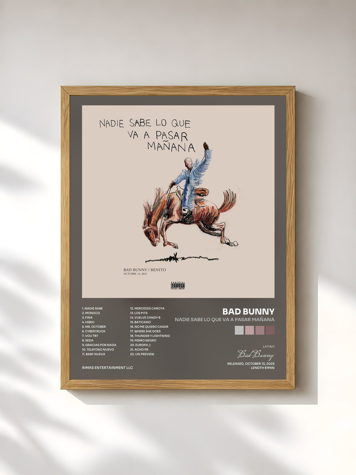 #bois Tableau de l'album nadie sabe lo que va a pasar mañana de Bad Bunny, cadre en bois brut, imprimé et encadré en France