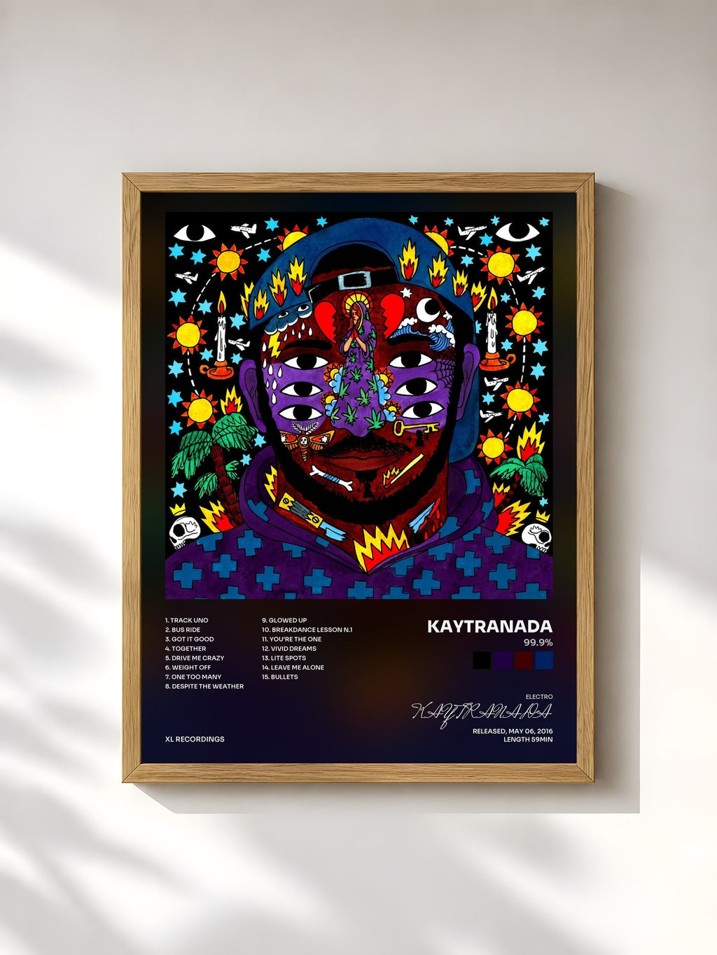 #bois Tableau de l'album 99.9% de KAYTRANADA, cadre en bois brut, imprimé et encadré en France