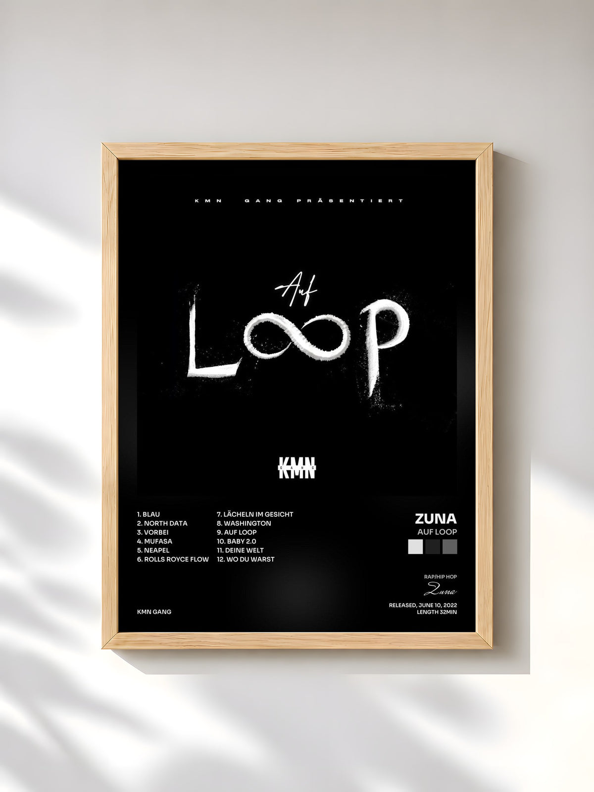 #bois Tableau de l'album Auf Loop de Zuna, cadre en bois brut, imprimé et encadré en France