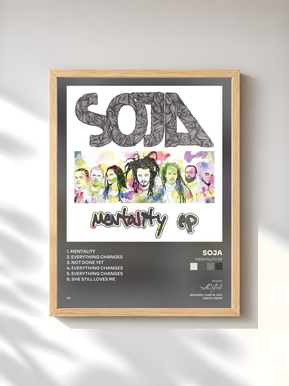 #bois Tableau de l'album Mentality EP de SOJA, cadre en bois brut, imprimé et encadré en France