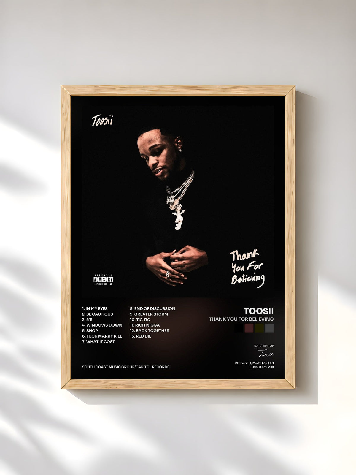 #bois Tableau de l'album Thank You For Believing de Toosii, cadre en bois brut, imprimé et encadré en France