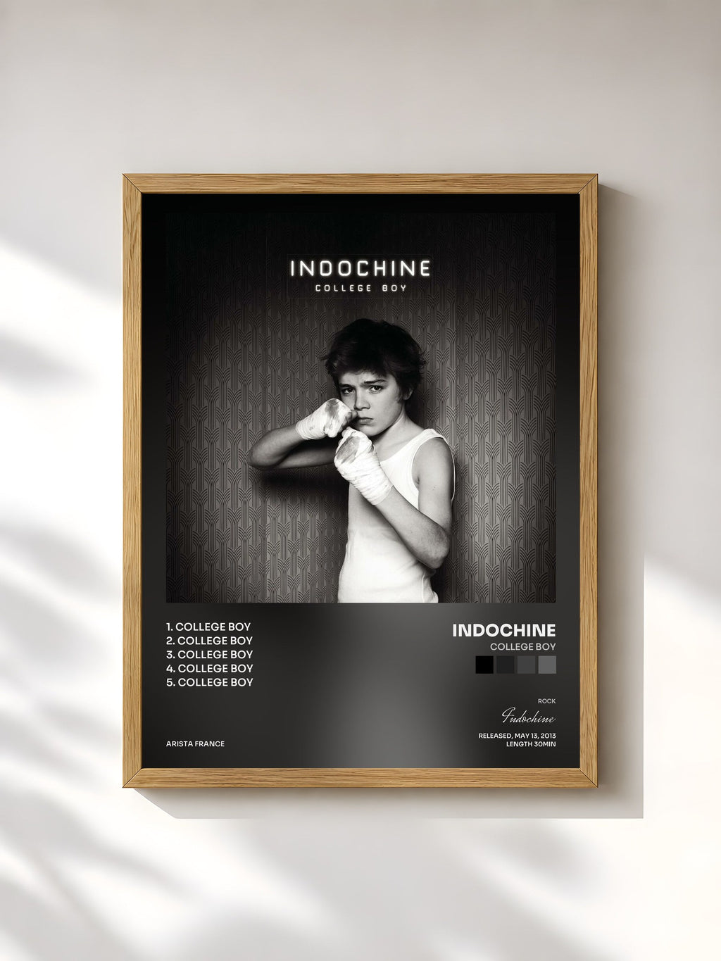 #bois Tableau de l'album College Boy de Indochine, cadre en bois brut, imprimé et encadré en France