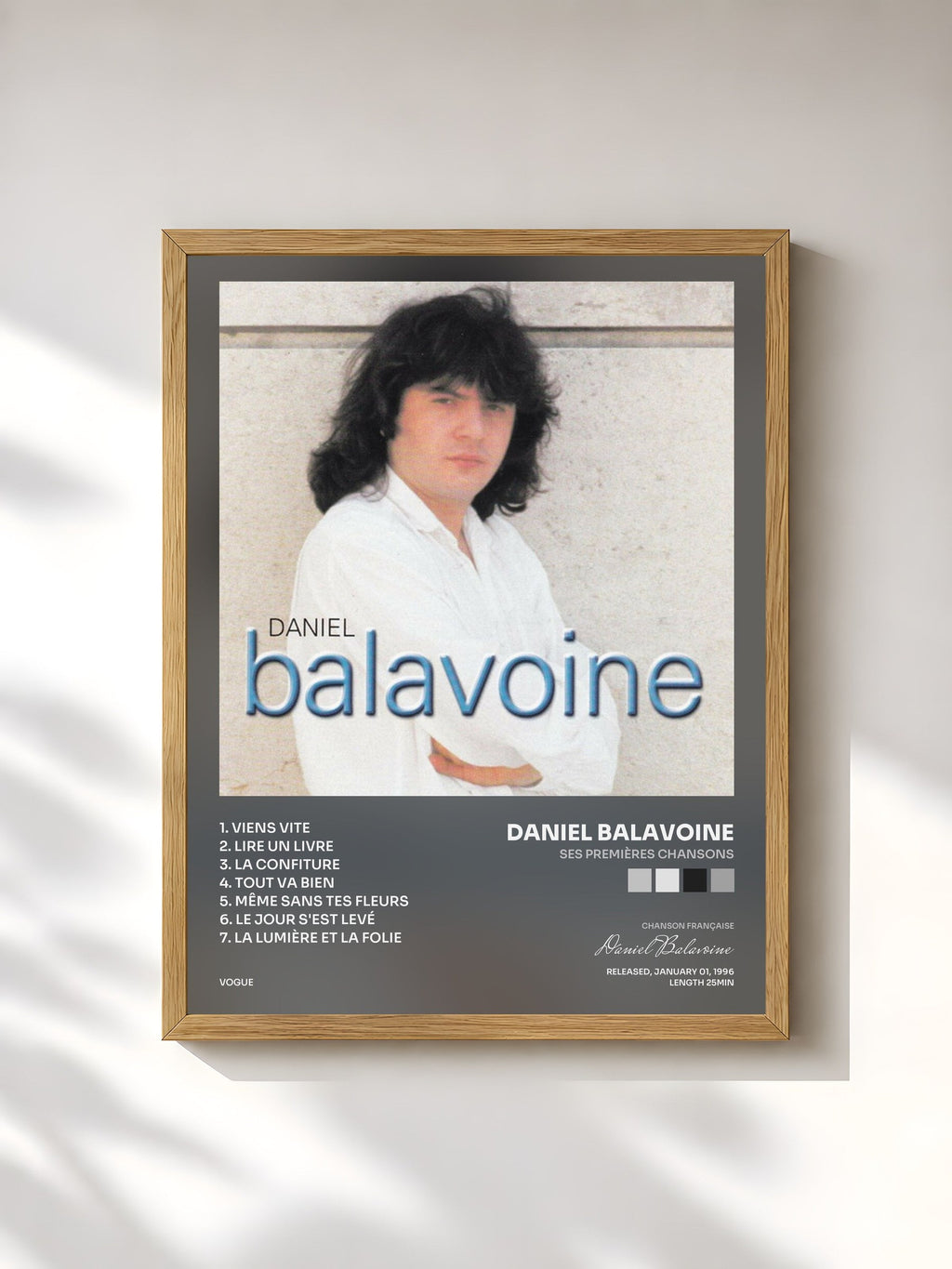 #bois Tableau de l'album Ses premières chansons de Daniel Balavoine, cadre en bois brut, imprimé et encadré en France