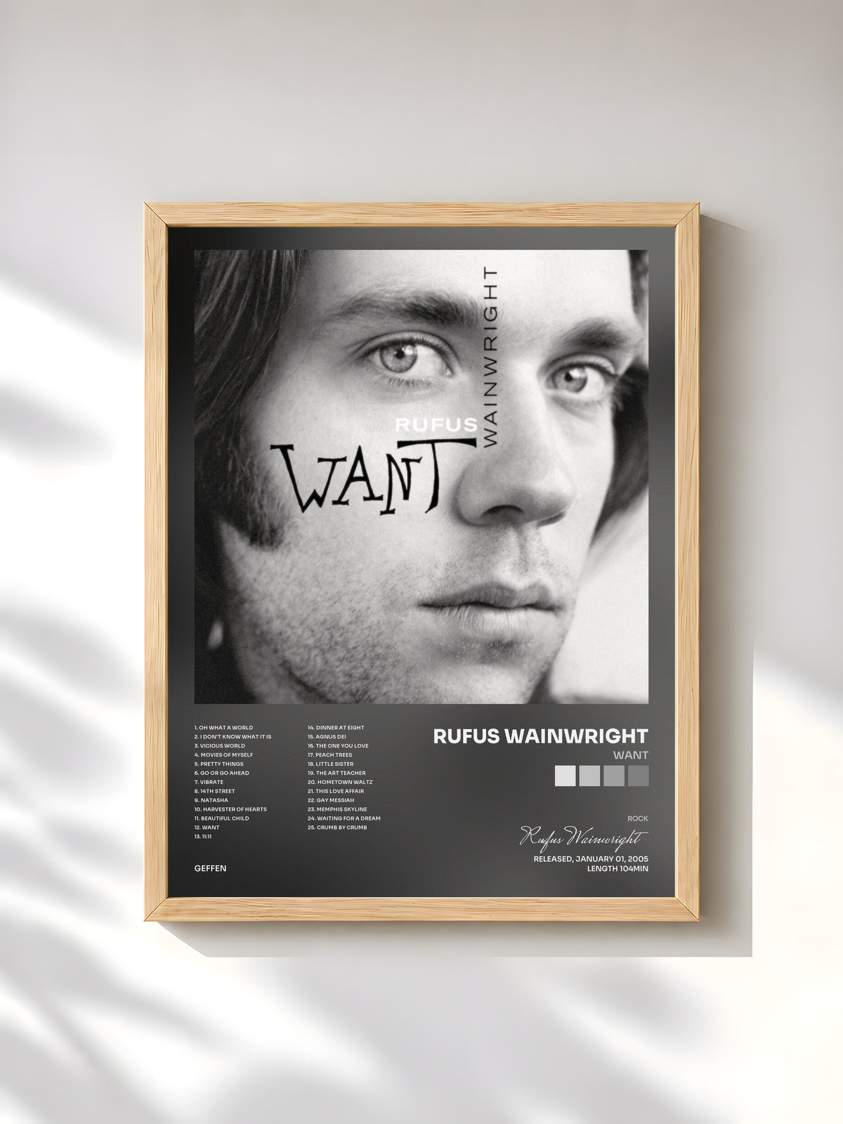 #bois Tableau de l'album Want de Rufus Wainwright, cadre en bois brut, imprimé et encadré en France