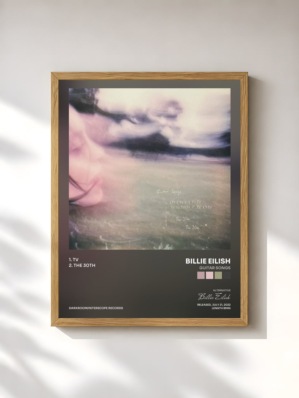 #bois Tableau de l'album Guitar Songs de Billie Eilish, cadre en bois brut, imprimé et encadré en France
