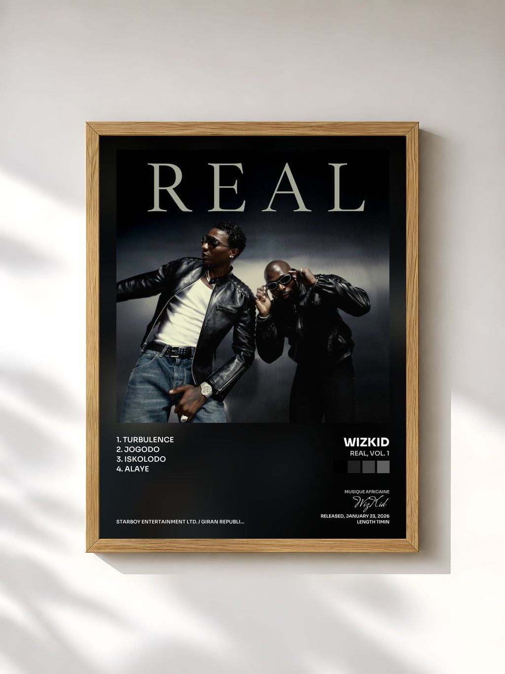 #bois Tableau de l'album REAL, Vol. 1 de WizKid, cadre en bois brut, imprimé et encadré en France