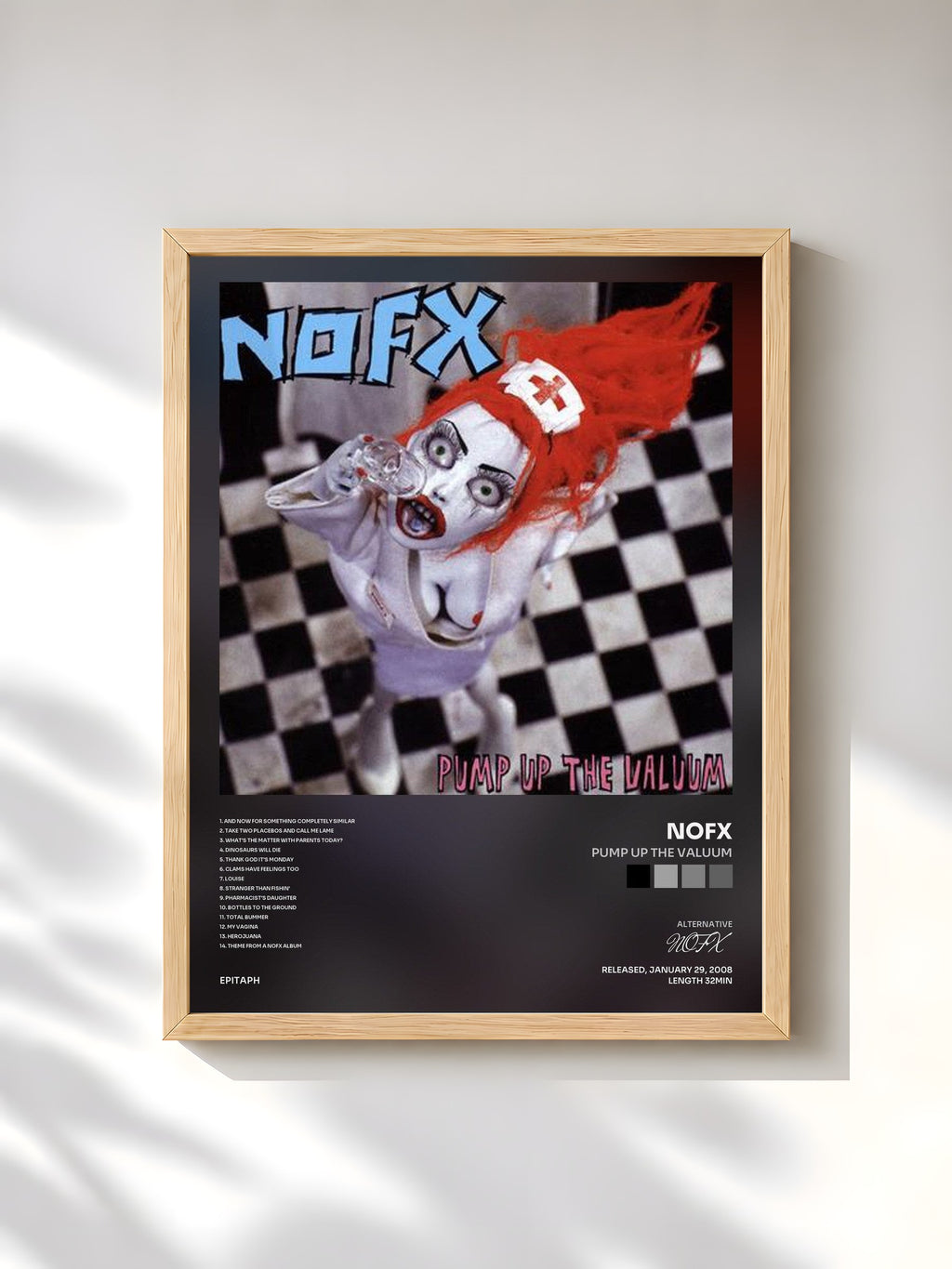 #bois Tableau de l'album Pump Up The Valuum de NOFX, cadre en bois brut, imprimé et encadré en France