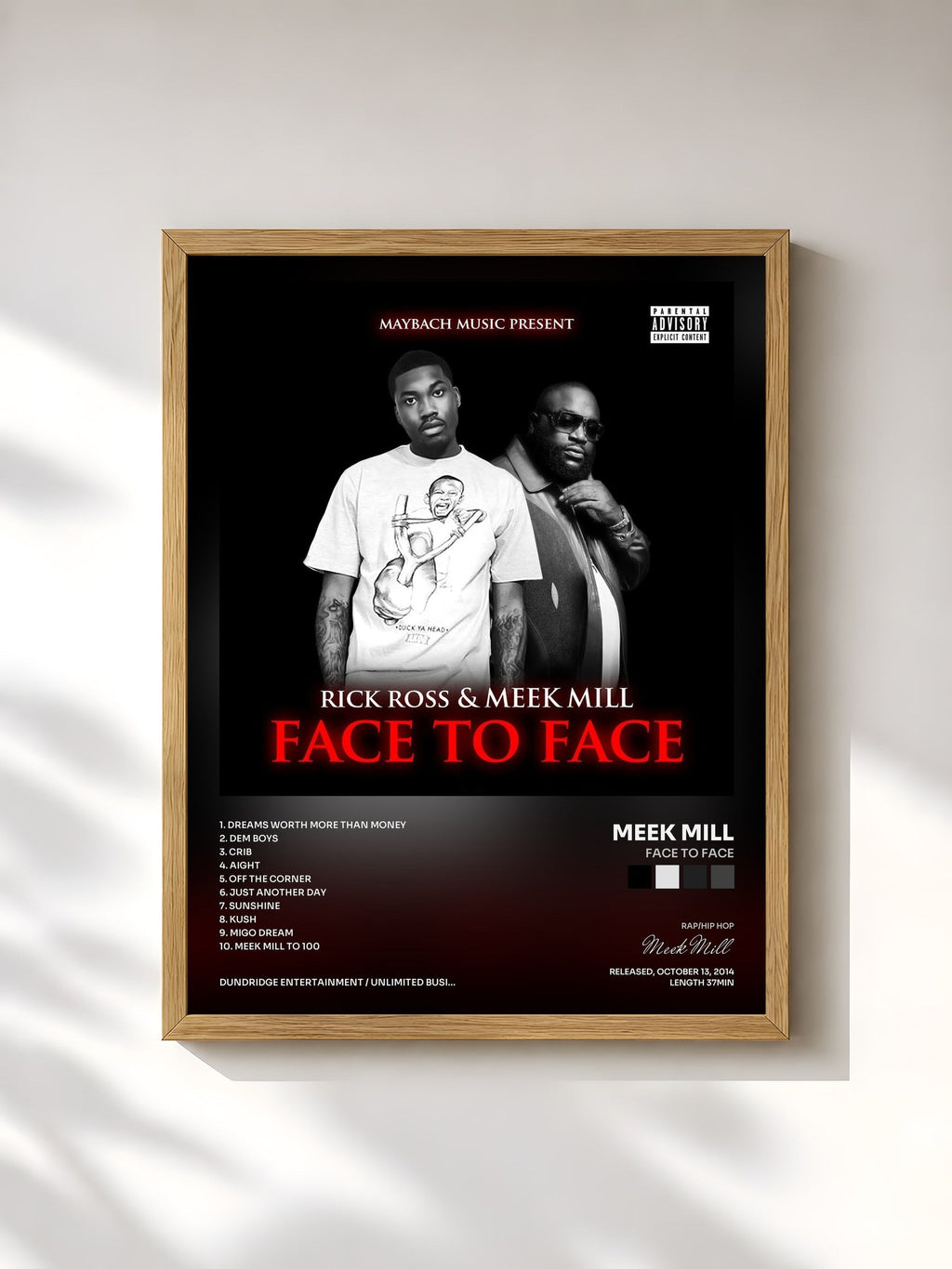 #bois Tableau de l'album Face To Face de Meek Mill, cadre en bois brut, imprimé et encadré en France