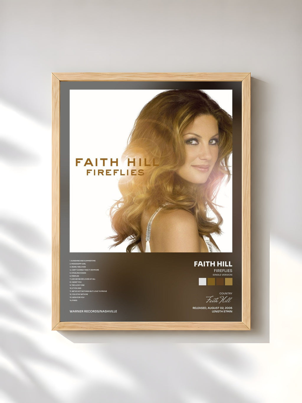 #bois Tableau de l'album Fireflies (Single Version) de Faith Hill, cadre en bois brut, imprimé et encadré en France