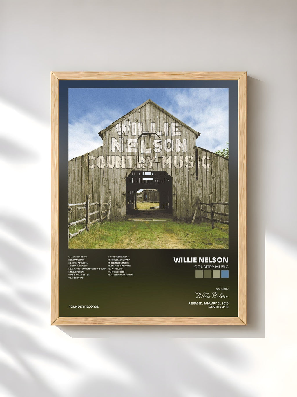 #bois Tableau de l'album Country Music de Willie Nelson, cadre en bois brut, imprimé et encadré en France