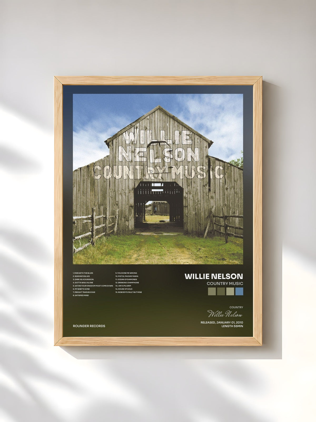 #bois Tableau de l'album Country Music de Willie Nelson, cadre en bois brut, imprimé et encadré en France
