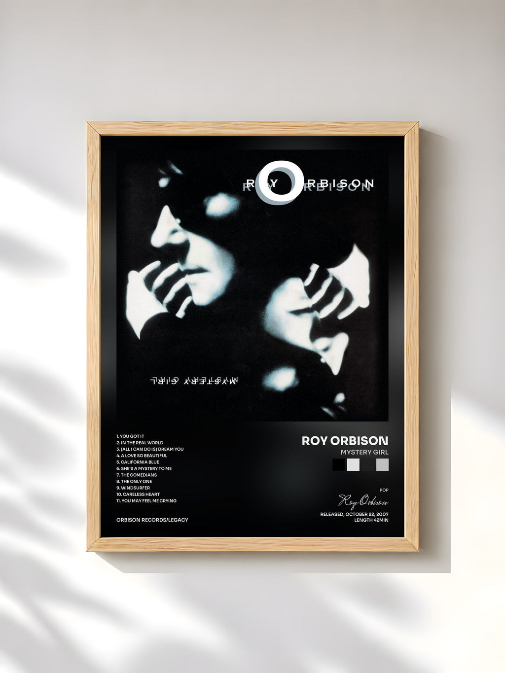 #bois Tableau de l'album Mystery Girl de Roy Orbison, cadre en bois brut, imprimé et encadré en France