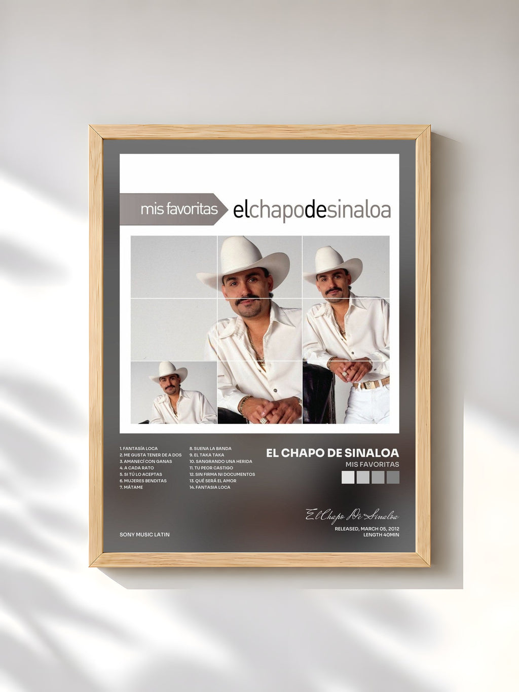#bois Tableau de l'album Mis Favoritas de El Chapo De Sinaloa, cadre en bois brut, imprimé et encadré en France